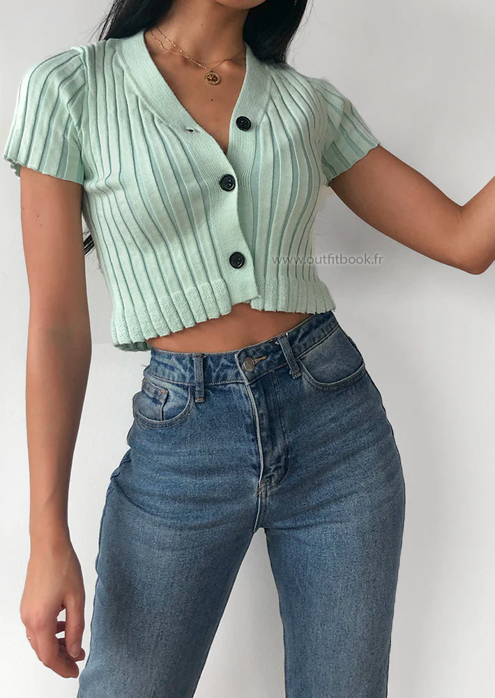 Top court boutonné vert pastel – Image 5