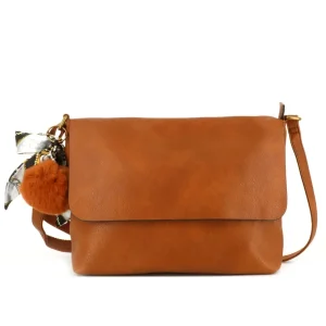 Sac Bandoulière Souple Pompon Foulard camel