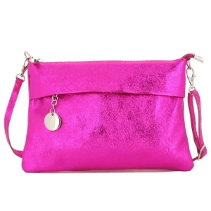 Pochette bandoulière cuir véritable irisé Fuchsia